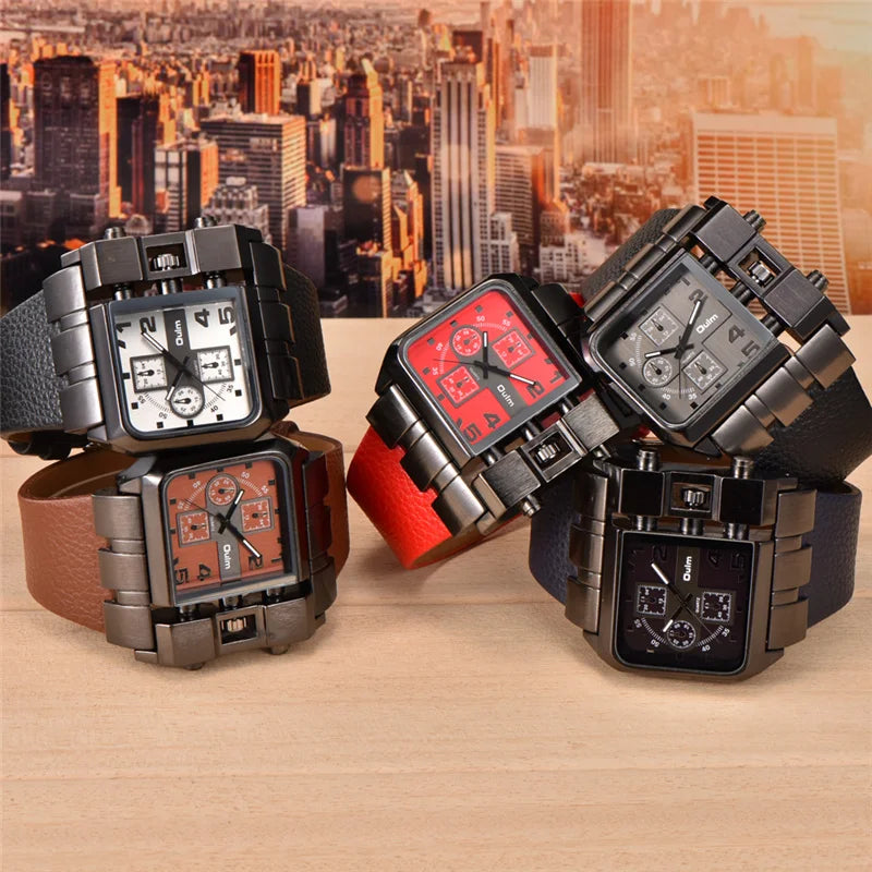 Oulm 3364 Men’s Square Watch — Large Dial Casual Leather Strap Quartz Sport Wristwatch
