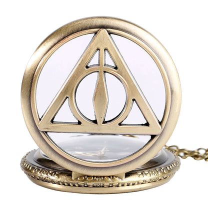 Retro Bronze Deathly Hallows Pocket Watch Necklace - Analog Quartz Wizard-Inspired Collectible for Men, Women, and Kids