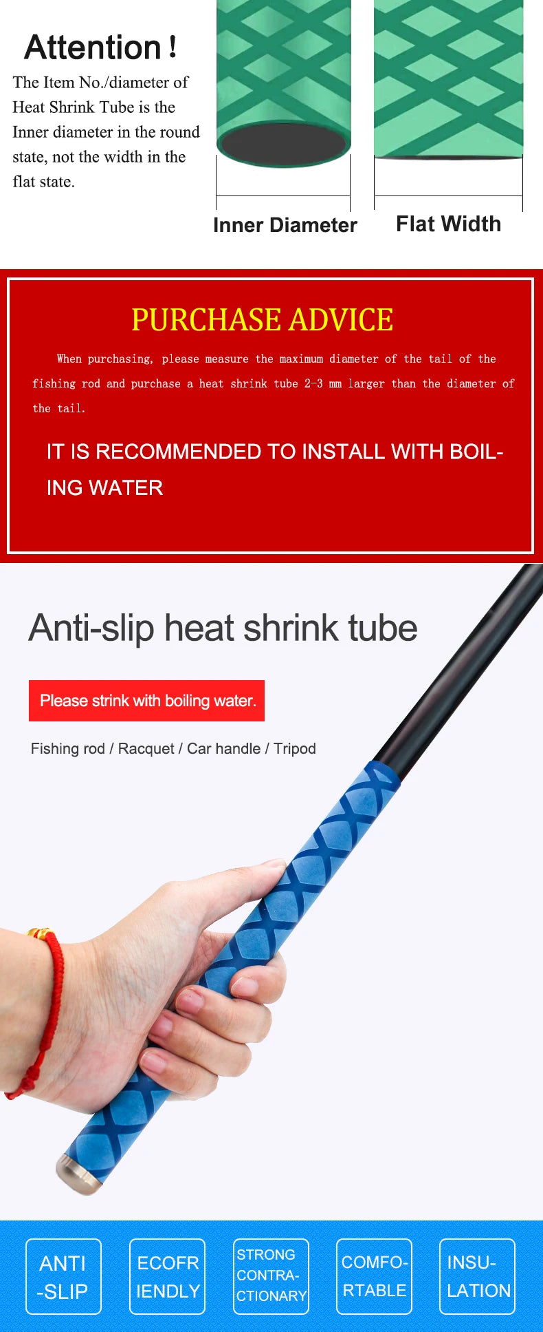 Anti-Slip Heat Shrink Tube for Fishing Rods — DIY Electrical Insulation, 5 Colors, 1M Length, Multiple Sizes 15-50mm