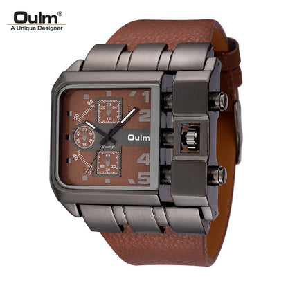 Oulm 3364 Men’s Square Watch — Large Dial Casual Leather Strap Quartz Sport Wristwatch