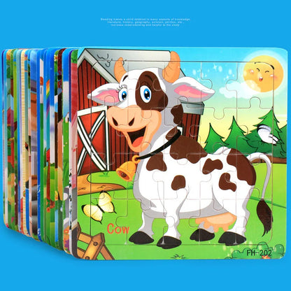 20-Piece Wooden Puzzle Set — Cartoon Animals, Cars, Letters & Numbers Educational Jigsaw Toys for Kids