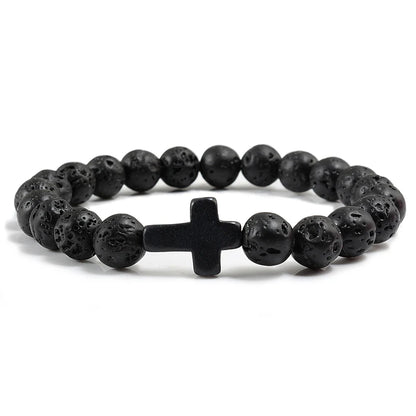 Charm Natural Stone Bracelet - Cross Black Lava Matte Beaded, Handmade Men & Women Prayer Fitness Chain, Couple Jewelry Gift