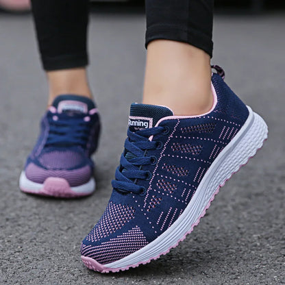 Women’s Breathable Mesh Sneakers - Casual Fashion Walking Flat Shoes White Tenis Feminino