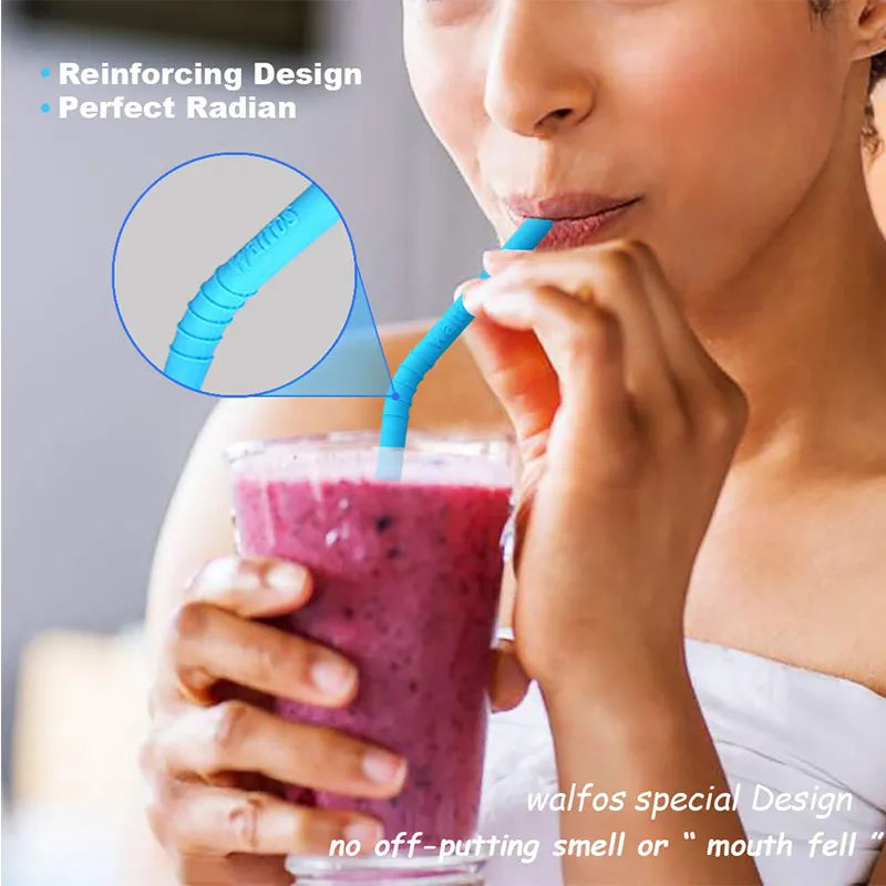 WALFOS 5-Piece Reusable Silicone Straws Set - Extra Long, Flexible Straws for Bar Accessories