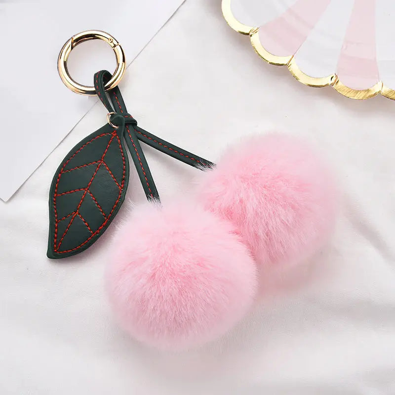 Fashion Cute Fluffy Rabbit Fur Ball Keychain – Pompom Leaf Cherry Pendant for Handbag & Car Keys