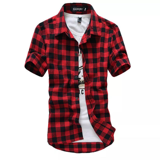 Red and Black Plaid Shirt for Men: New Summer Fashion Short Sleeve Chemise Homme - Checkered Men's Blouse