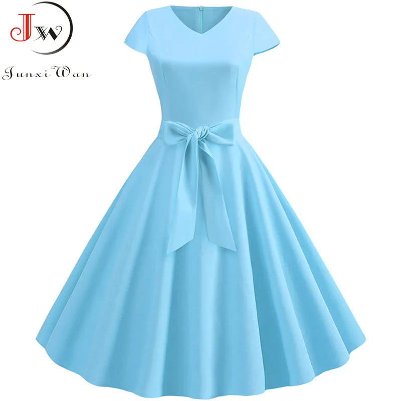 Women Vintage Summer Dress - V Neck Short Sleeve Swing Party Dress With Belt