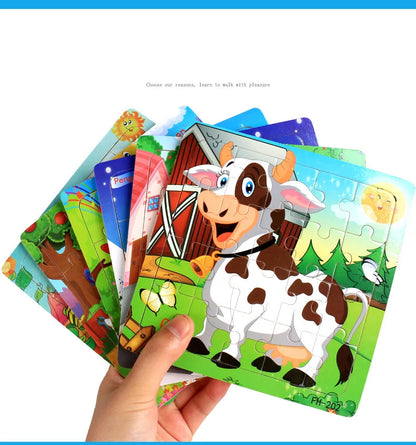 20-Piece Wooden Puzzle Set — Cartoon Animals, Cars, Letters & Numbers Educational Jigsaw Toys for Kids