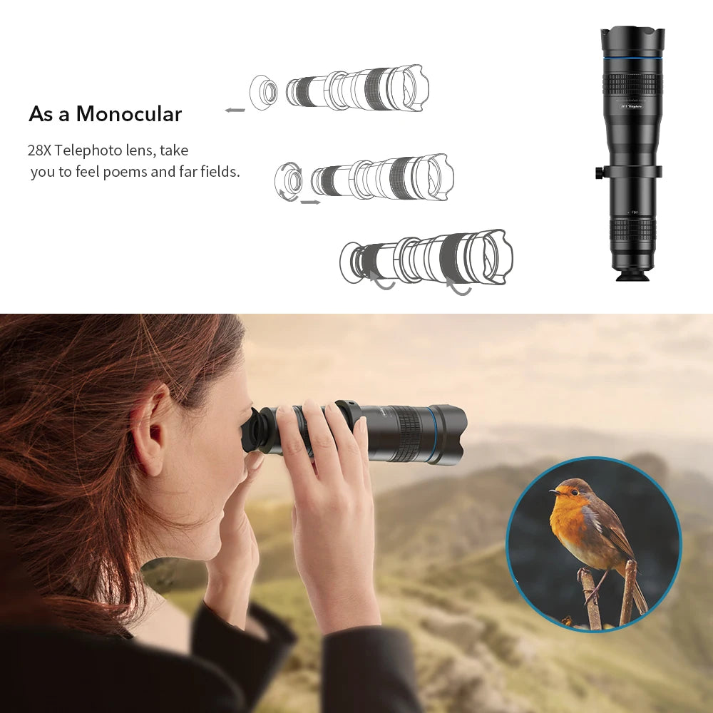 APEXEL 28X Telephoto Phone Lens - HD Smartphone Camera Zoom Monocular with Mini Selfie Tripod
