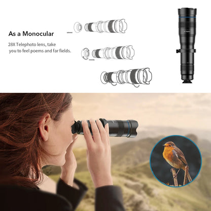 APEXEL 28X Telephoto Phone Lens - HD Smartphone Camera Zoom Monocular with Mini Selfie Tripod