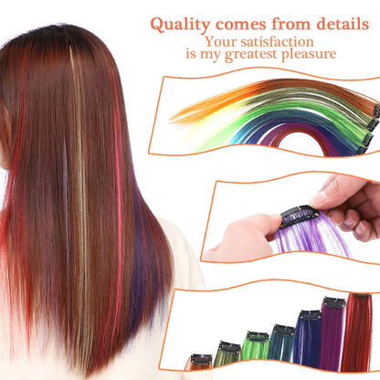 BUQI Straight Clip-In Colored Hair Extensions – Rainbow Synthetic Hair Streaks in Pink, Orange, White & Purple