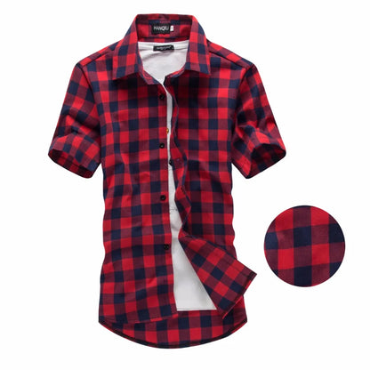 Men’s Red & Black Plaid Shirt - 2026 Summer Short Sleeve Checkered Casual Fashion Top