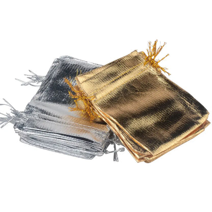 25-Piece Gold Foil Drawstring Storage Bags - Jewelry Packing Pouches for Wedding Gifts, Available in 7x9cm, 9x12cm, and 10x15cm