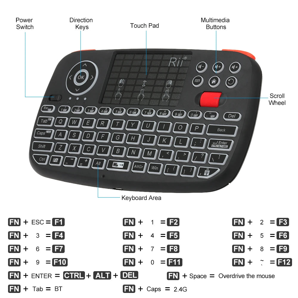 Rii i4 Mini BT Wireless Keyboard with Touchpad - 2.4GHz Backlit Mouse Remote for Windows, Android TV Box, and Smart TV