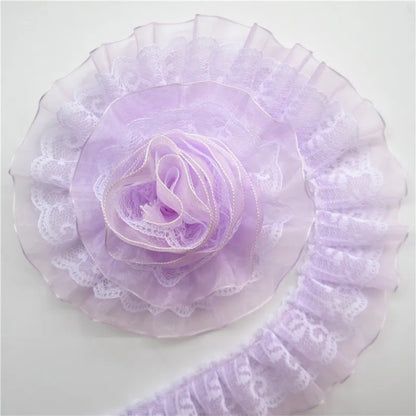 2 Yard Pleated Organza Lace Trim - 4cm Double Layer Ribbon for Sewing, Doll Clothes & Wedding Decor