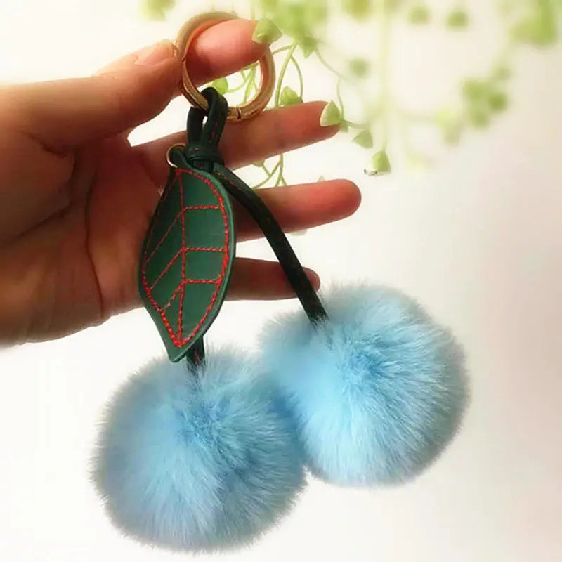 Fashion Cute Fluffy Rabbit Fur Ball Keychain – Pompom Leaf Cherry Pendant for Handbag & Car Keys