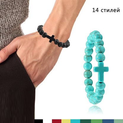 Natural Stone Cross Bracelet - Black Lava Matte Beaded Jewelry for Men & Women Prayer, Fitness & Gift