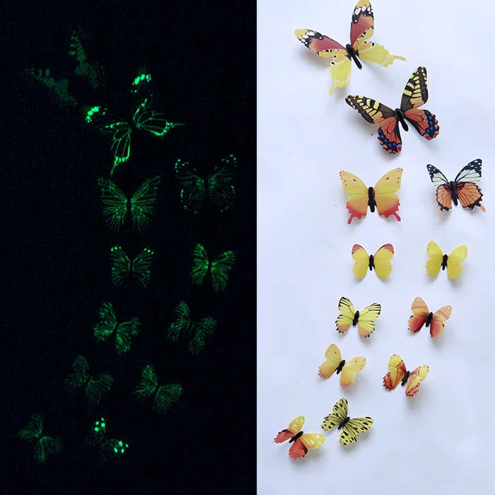 12PCS Luminous 3D Butterfly Wall Stickers — Glow-in-the-Dark Wedding Party & Home Decor, Living Room Fridge Decals