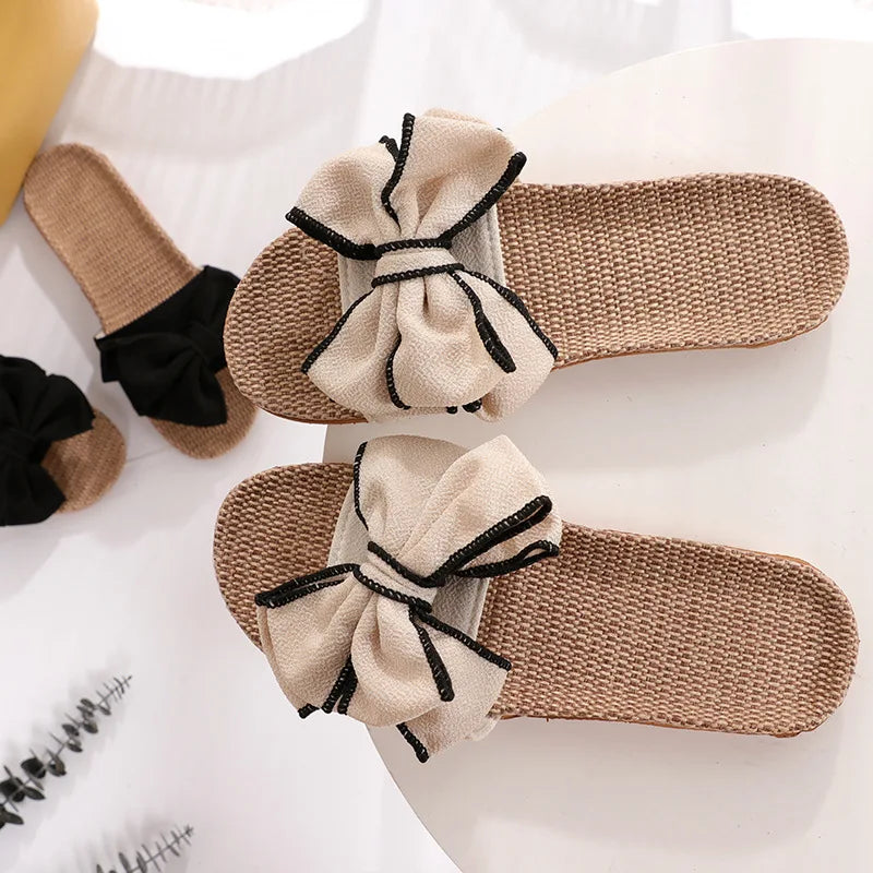 Mntrerm 2024 Women's Casual Linen Slippers – Soft Indoor Flats with Bow-Knot, Cute Summer Home Sneakers