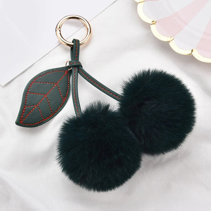 Fashion Cute Fluffy Rabbit Fur Ball Keychain – Pompom Leaf Cherry Pendant for Handbag & Car Keys