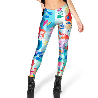 Women Summer Cartoon Print Leggings – Mermaid Galaxy Animal Donald Duck High Waist Stretch Slim Fit Milk Silk Pants L-1467
