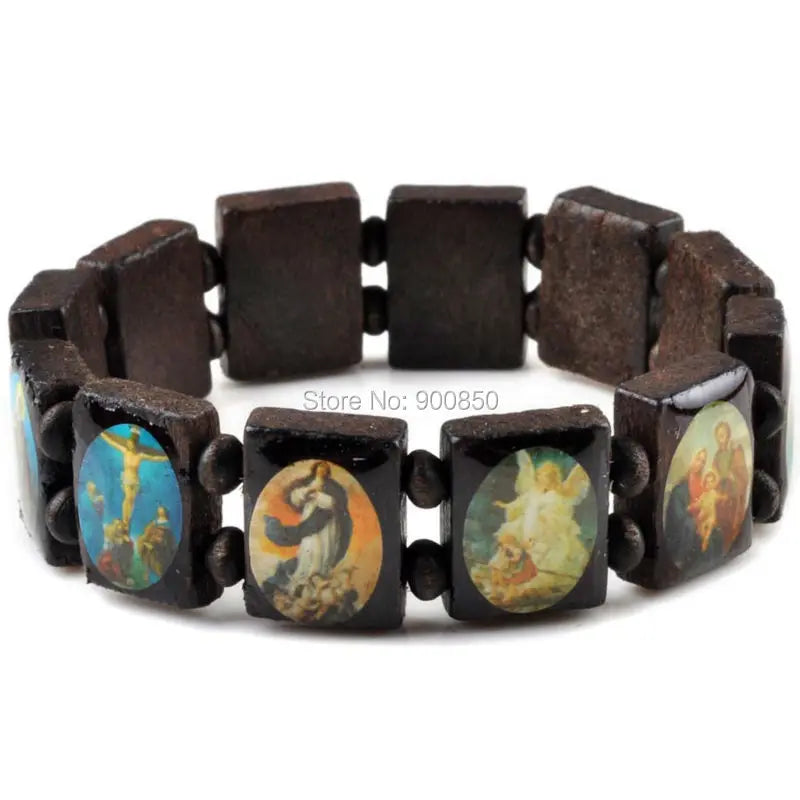 Saints Jesus Wooden Catholic Bracelet – Unisex Religious Prayer Charm Jewelry, Fashion Wood Bead Wristband (7 Colors)