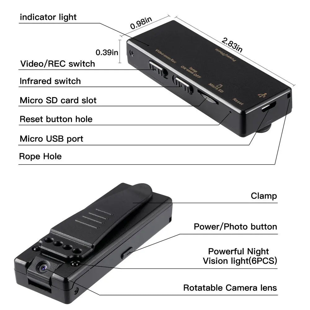 Vandlion A7 Micro Video Camera with Voice Recorder – Infrared Night Vision Clip DV Camcorder for Car and Security
