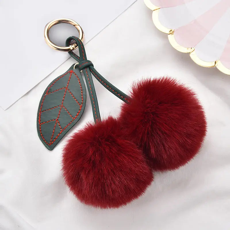 Fashion Cute Fluffy Rabbit Fur Ball Keychain – Pompom Leaf Cherry Pendant for Handbag & Car Keys