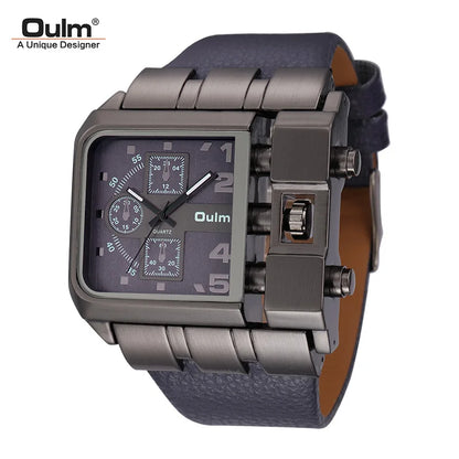 Oulm 3364 Men’s Square Watch — Large Dial Casual Leather Strap Quartz Sport Wristwatch