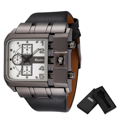 Oulm 3364 Men’s Square Watch — Large Dial Casual Leather Strap Quartz Sport Wristwatch