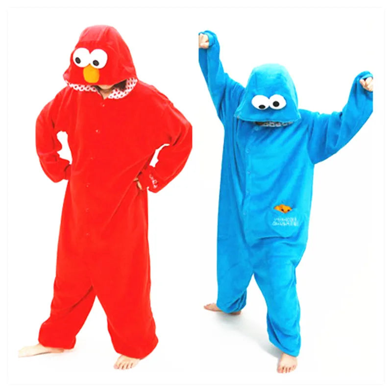 Cookie Monster & Elmo Kigurumi Pajamas - Adult Flannel Cosplay Onesie Costume for Men & Women