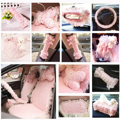 Pink Car Interior Accessories Set - Lace Steering Wheel Seat Belt Gear Shift And Mirror Covers For Women