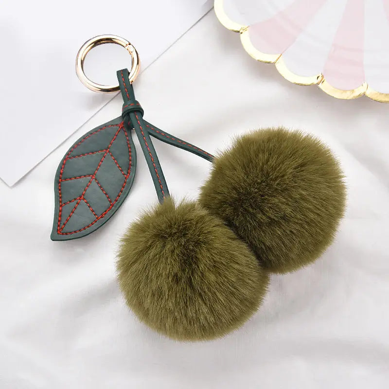 Fashion Cute Fluffy Rabbit Fur Ball Keychain – Pompom Leaf Cherry Pendant for Handbag & Car Keys