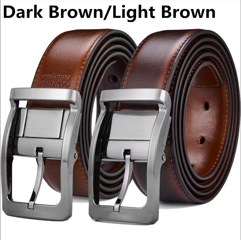 Men’s Genuine Leather Reversible Belt – 2-in-1 Rotated Buckle for Big & Tall Sizes