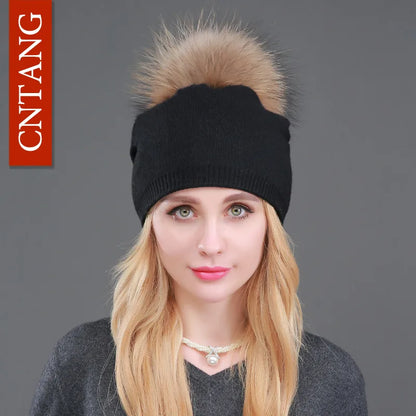Autumn Winter Knitted Wool Hat for Women – Fashion Pompon Beanie with Genuine Raccoon Fur, Warm and Stylish Cap