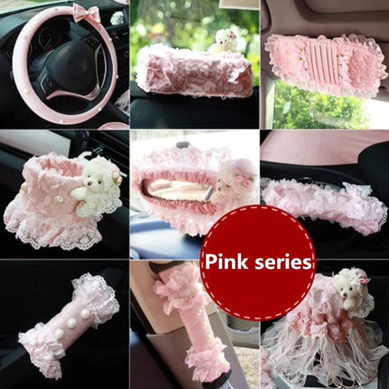 Pink Car Interior Accessories Set - Lace Steering Wheel Seat Belt Gear Shift And Mirror Covers For Women