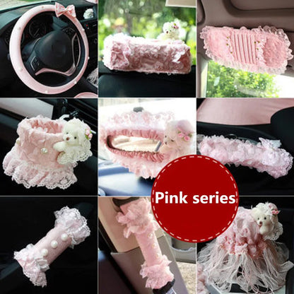 Pink Car Interior Accessories Set - Lace Steering Wheel Seat Belt Gear Shift And Mirror Covers For Women