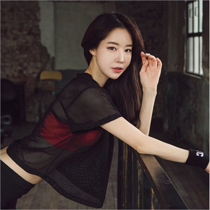 Breathable Performance: Women's Mesh Yoga Shirt - Sexy Short Sleeve T-Shirt Sport Top, Quick Dry Gym Cover Up for Running Fitness