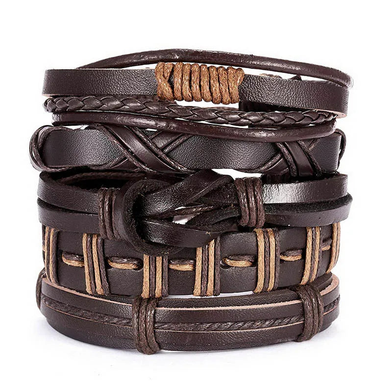 Men's Vintage Multilayer Leather Braid Bracelet - Handmade Star, Leaf & Owl Rope Wrap Bangle, Male Gift Jewelry