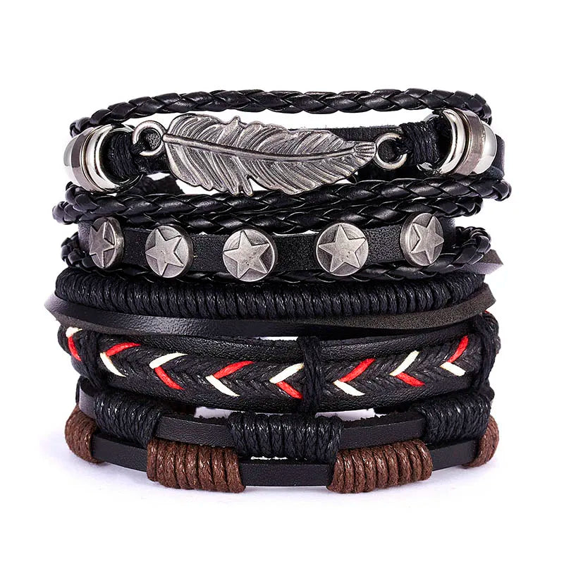 Men's Vintage Multilayer Leather Braid Bracelet - Handmade Star, Leaf & Owl Rope Wrap Bangle, Male Gift Jewelry
