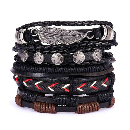 Men's Vintage Multilayer Leather Braid Bracelet - Handmade Star, Leaf & Owl Rope Wrap Bangle, Male Gift Jewelry