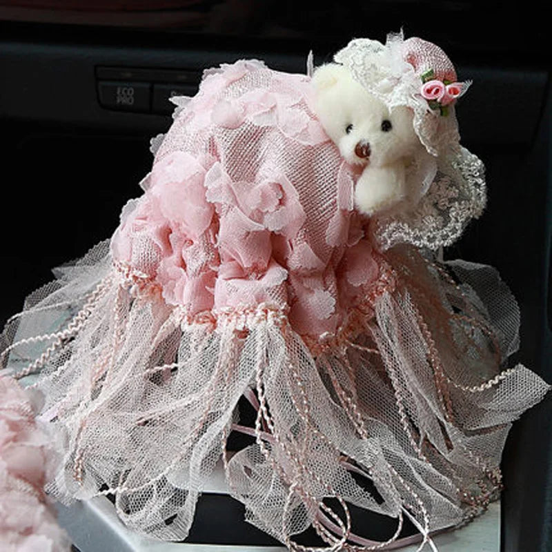 Pink Car Interior Accessories Set - Lace Steering Wheel Seat Belt Gear Shift And Mirror Covers For Women