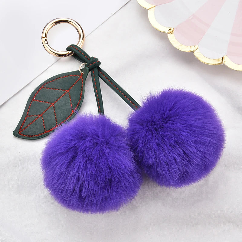 Fashion Cute Fluffy Rabbit Fur Ball Keychain – Pompom Leaf Cherry Pendant for Handbag & Car Keys