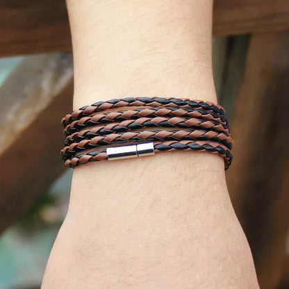 XQNI Black Retro Leather Bracelet for Men - 5 Lap Chain Link Bangle, Fashion Sporty Charm Bracelet
