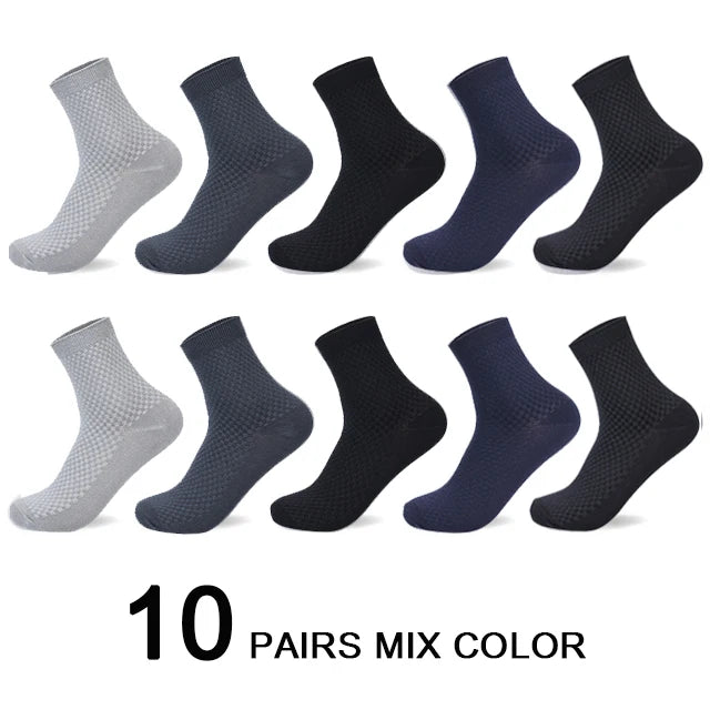 10 Pairs Men’s Bamboo Fiber Compression Socks – Long Black Business Casual Dress Socks, Breathable Autumn Wear, Plus Size 42–45 Gift Pack