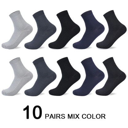 10 Pairs Men’s Bamboo Fiber Compression Socks – Long Black Business Casual Dress Socks, Breathable Autumn Wear, Plus Size 42–45 Gift Pack