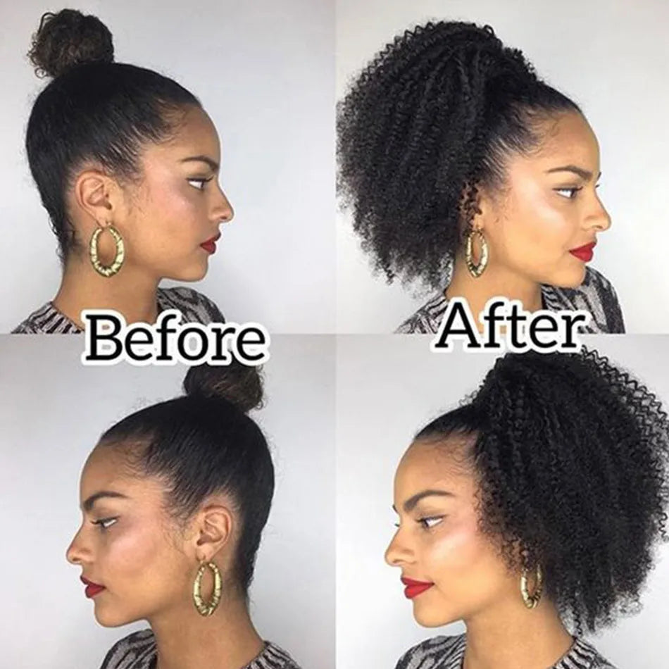 Alibele Mongolian Afro Kinky Curly Drawstring Ponytail – 4B/4C Remy Human Hair Extensions 10-28 Inch Clip-In