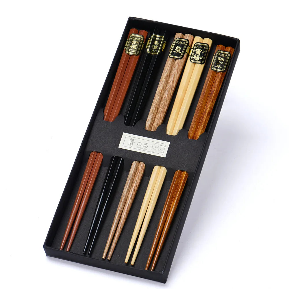 5 Pairs Japanese Style Wood Chopsticks – Reusable Natural Beech, Tableware for Pizza, Noodles, Chinese Set