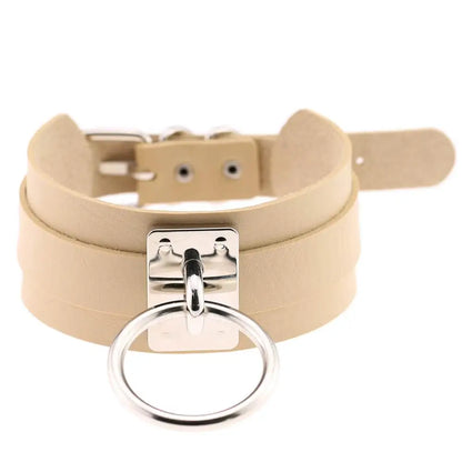 KMVEXO Harajuku Punk Leather Choker Necklace - Handmade Gothic Collar with Silver-Tone Metal O-Ring for Parties