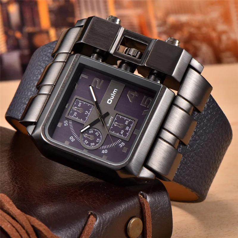 Oulm 3364 Men’s Square Watch — Large Dial Casual Leather Strap Quartz Sport Wristwatch